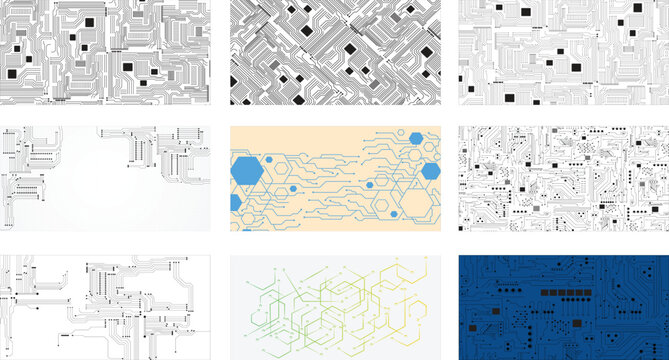 Digital System Pathways Illustration. Modern Electronic Circuit Layout Set