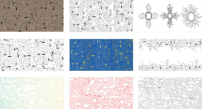 Collection of Electronic Circuitry Grid Design. Computer Chip Pathway Design Pack.