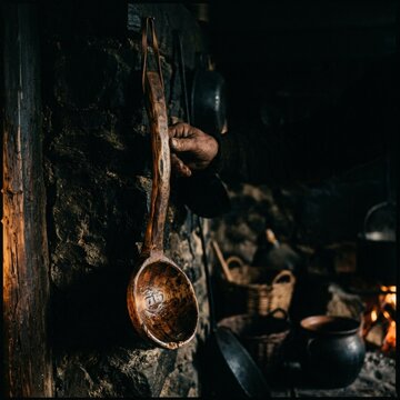 Wooden Ladle in Dramatic Lighting &ndash; Rustic Cooking Tool