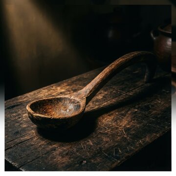 Wooden Ladle in Dramatic Lighting &ndash; Rustic Cooking Tool