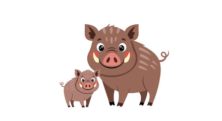 Fototapeta premium Friendly wild boar and its cute small piglet standing together side by side against an isolated white background.