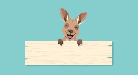Obraz premium Happy cartoon kangaroo with a big smile peeking over a blank wooden sign board on a bright light blue background.