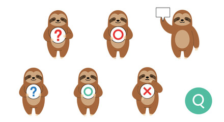 Fototapeta premium Collection of cute cartoon sloths holding different signs including question marks, circles, and crosses on white.