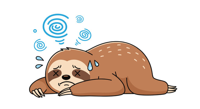 Exhausted cartoon sloth lying flat on its belly with dizzy symbols above its head and sweat drops on its face.