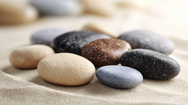 A Collection of Small, Perfectly Rounded, Polished Pebbles Arranged on Sand