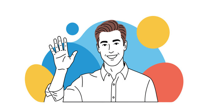 Friendly smiling man waving his hand with a greeting gesture against a background of blue and yellow circles.