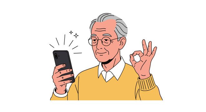 Happy senior man wearing glasses and a yellow sweater holding a smartphone and making an okay hand gesture.