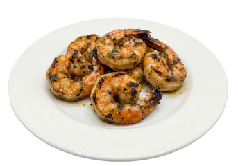 Fototapeta premium Grilled Shrimp on White Plate Closeup