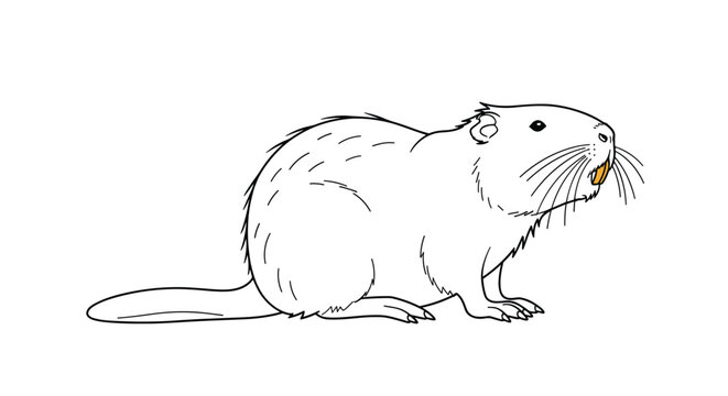 Simple black and white line drawing of a nutria or coypu animal standing on its feet on a clean white background.