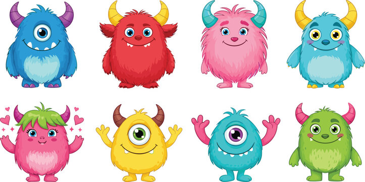 Cute Colorful Monster Character Set with Funny Furry Creatures and Horns for Kids Cartoon Illustrations, Stickers, and Game Designs