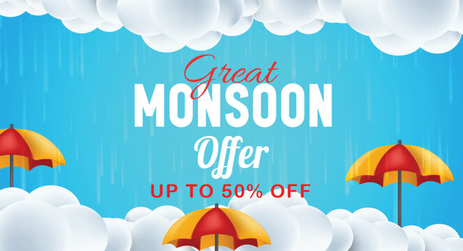 great monsoon season sale horizontal banner template with umbrellas