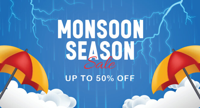 Monsoon season sale  banner with 3d clouds lightning