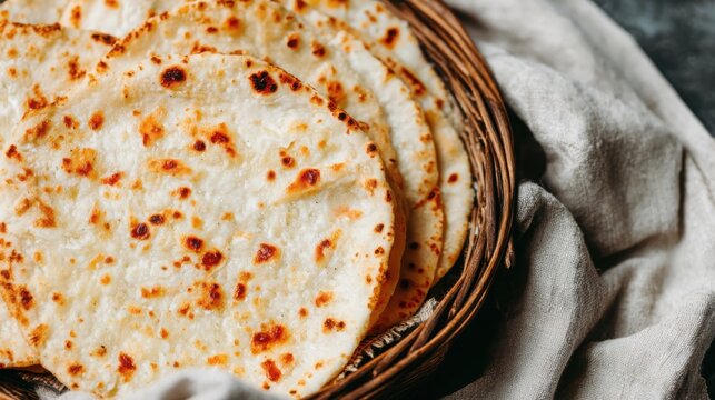 Close-up of delicious Hungarian langos bread, golden and baked in a rustic basket, showcasing traditional cuisine.