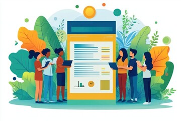 Diverse group of people collaborating around a large digital report with charts and laptops amid lush leaves, focused and upbeat