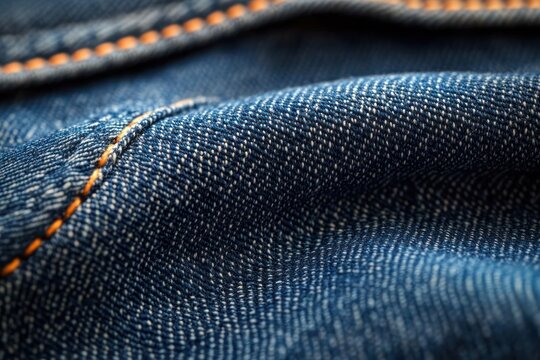 close-up of blue denim fabric with orange topstitch seam, visible twill weave, textured folds and rugged comforting feel