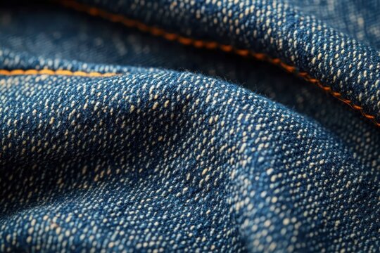 close-up of blue denim fabric with visible weave, orange stitched seam and textured folds conveying a rugged cozy tactile feeling