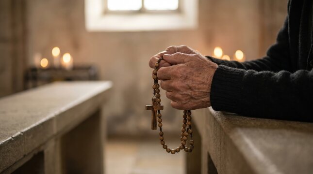 Elderly hands holding rosary beads with wooden cross in a quiet church. Prayer and devotion during a solemn catholic service with candles and pews.