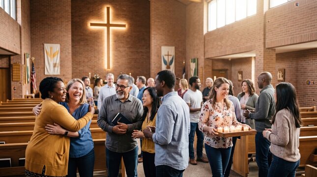 Diverse church congregation greeting each other in a bright sanctuary with wooden pews and glowing cross. Friendly mixed race group sharing fellowship during a community worship gathering inside a