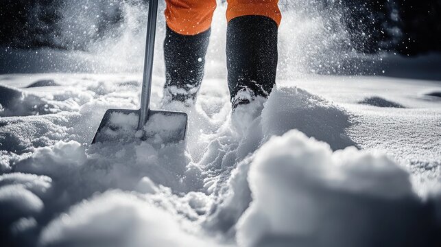 Close-up of legs in orange pants and black boots shoveling powdery snow, flying snow and determined effort on a cold winter day