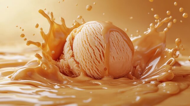 two scoops of caramel ice cream plunging into glossy caramel sauce, tempting and indulgent close-up