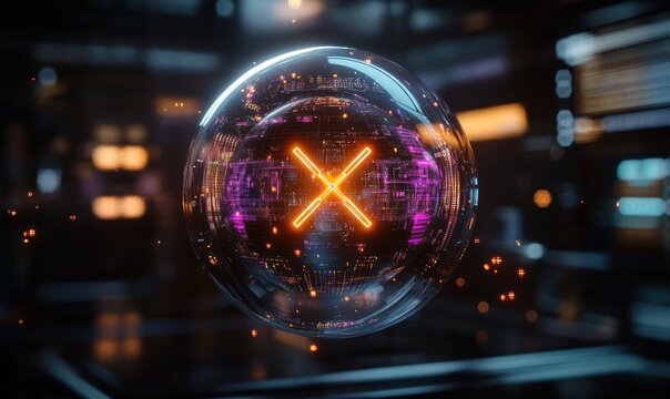 Transparent floating orb with glowing orange intersecting lines and purple circuit patterns in a dark futuristic lab, mysterious high-tech atmosphere