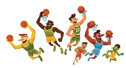 Basketball players in action performing slam dunks cartoon illustration © monkey