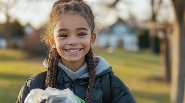 young person with braided hair in a black puffer jacket and backpack holding a plastic grocery bag in a suburban park at golden hour, quiet determination
