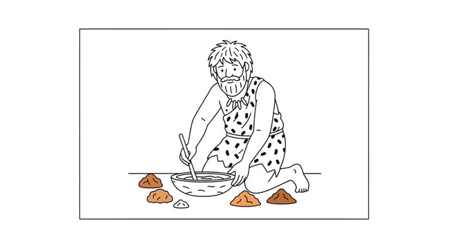 Caveman mixing ingredients in bowl, prehistoric cooking, early human life, Stone Age