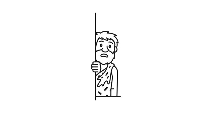Caveman Peeking Around Corner, Primitive Man Curious and Cautious