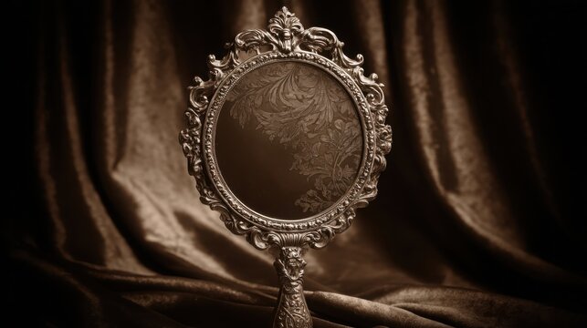 Antique Gilded Ornate Hand Mirror With Intricate Filigree Design