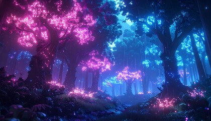 Fototapeta premium A vibrant, mystical forest with neon-lit trees