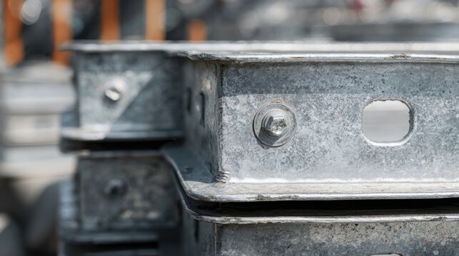 Detailed industrial galvanized steel banner frame components stacked in a close-up view, showcasing robust construction and metallic texture.
