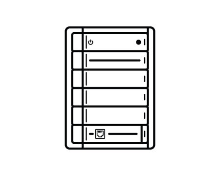 Industrial programmable logic unit icon with power button and network port outline vector.