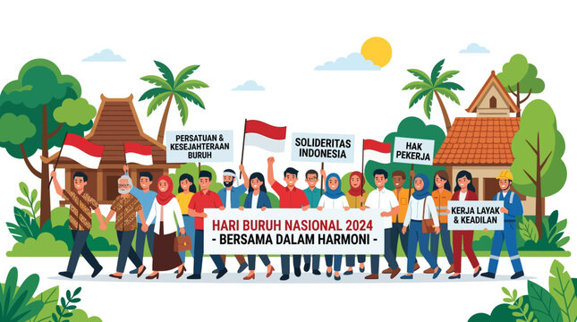 Illustration of a diverse group of workers marching in unity, holding flags and a banner reading 'Hari Buruh Nasional 2024 Bersama Dalam Harmoni' on International Labor Day in Indonesia,