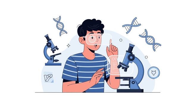Young scientist using VR headset exploring DNA and biology with microscopes