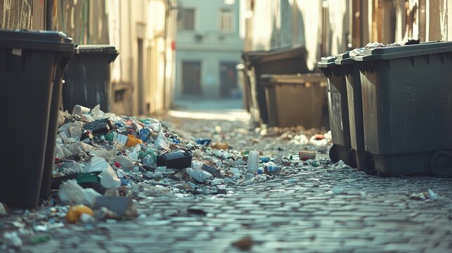 Overflowing City Garbage Bins Spill Litter Onto Cobblestone Sidewalks Under Bright Daylight
