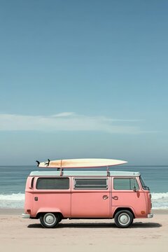 pink vintage camper van with surfboard on roof parked on sandy beach by calm ocean under clear blue sky, evoking relaxed nostalgic summer freedom