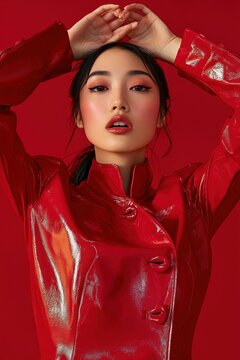 Woman wearing glossy red patent leather coat with arms raised against red background, bold confident fashion portrait