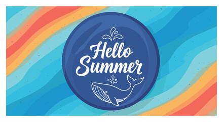 Obraz premium Hello summer greeting banner features a hand drawn whale illustration over a vibrant background of blue and orange wavy ocean patterns.