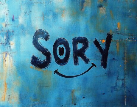 Hand-painted turquoise textured canvas with dark painted letters spelling SORY, a heart inside the O and a curved smile beneath conveying a playful apologetic emotion