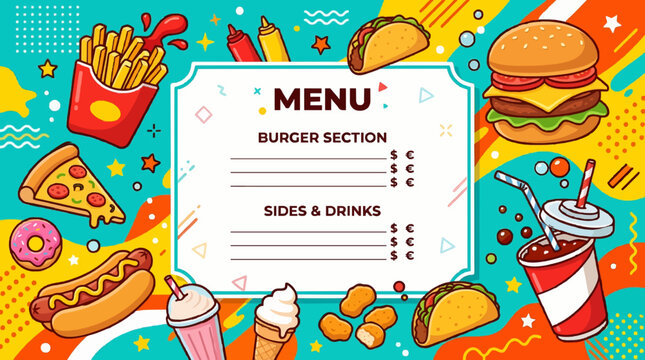 Fun Fast Food Menu Template: Burger, Pizza, Tacos, Drinks