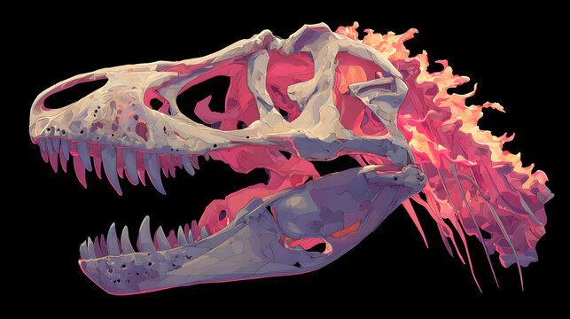 An isolated dinosaur skull bone illustration with an abstract dragon skeleton anatomy featuring fire and red flowers on a black or white background