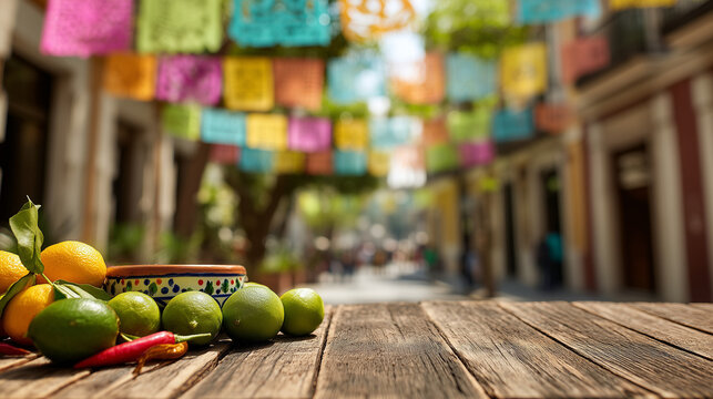 Vibrant Cinco de Mayo celebration with fruits on a wooden table in a colorful Mexican street
