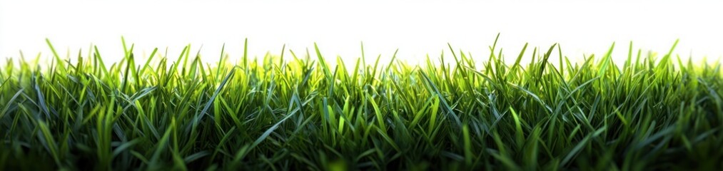 Obraz premium close-up of vibrant backlit green grass blades on a bright white background, evoking freshness and calm