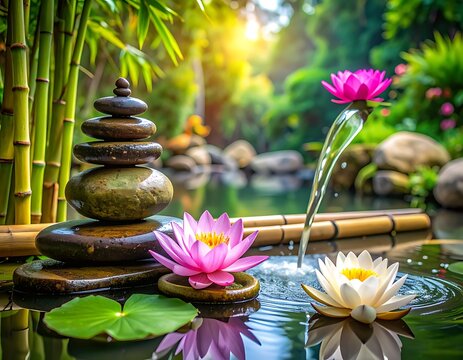 A serene garden scene with stacked stones and lotus flowers