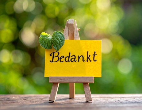 Yellow card with "Bedankt" on a miniature easel, with blurred green background