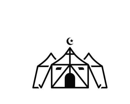 Minimalist Hajj tent vector icon features a central tent with Islamic crescent moon and star symbol.