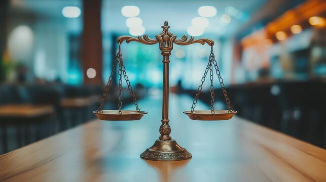 Symbol of Justice: A Brass Scales of Balance in a Modern Legal Setting