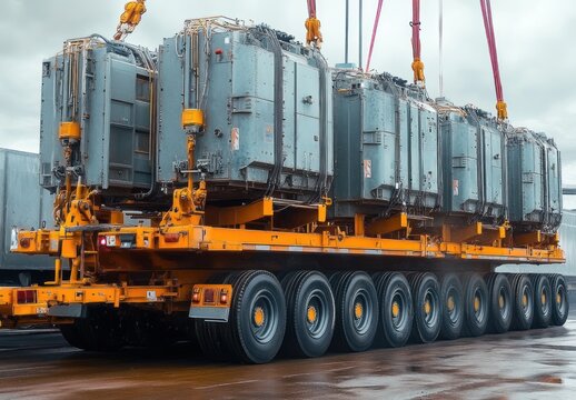Massive orange multi-axle trailer carrying several large gray power transformers being lifted by cranes with red slings in a wet industrial yard under an overcast sky, conveying heavy-duty strength