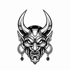 Fototapeta premium Intricate Japanese Hannya Mask Illustration with Horns and Earrings.